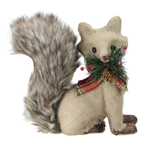 8" Holiday Moments Burlap Fox with Fuzzy Tail and Plaid Bow Decorative Christmas Figure - IMAGE 1