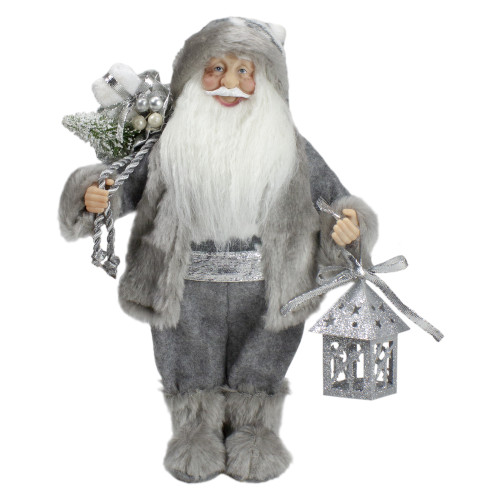 12" Gray and White Standing Santa Claus Christmas Figurine with Bag and Lantern - IMAGE 1