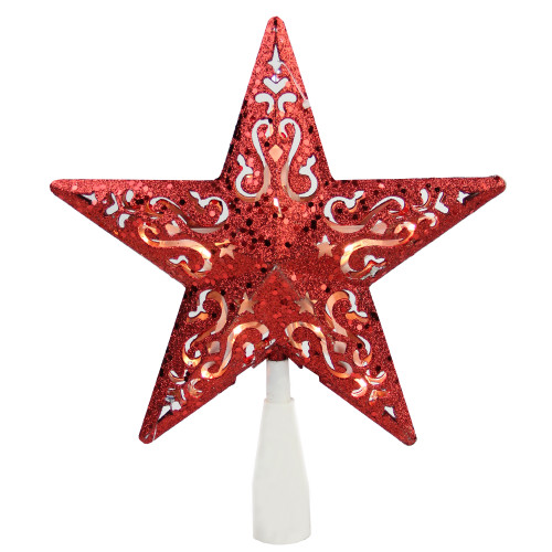 8.5" Red Glitter 5 Point Star Cut-Out Christmas Tree Topper - Clear Lights - IMAGE 1