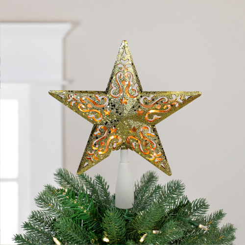 8.25" Gold Glitter Star Christmas Tree Topper - Clear Lights - IMAGE 1