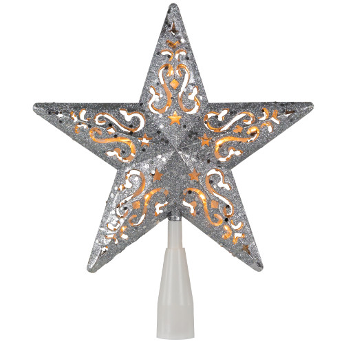8.5" Silver Glitter Star Lighted Cut Out Design Christmas Tree Topper