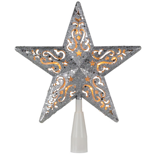 8.5" Lighted Silver Glitter Star Cut Out Design Christmas Tree Topper - Clear Lights, White Wire - IMAGE 1
