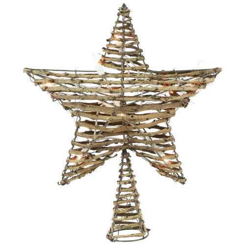 11" Lighted Rattan Twigs Star Christmas Tree Topper- Clear Lights, White Wire - IMAGE 1