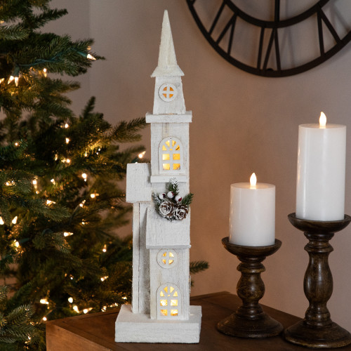 20.25" LED Lighted White Wooden Church Christmas Decoration - IMAGE 1