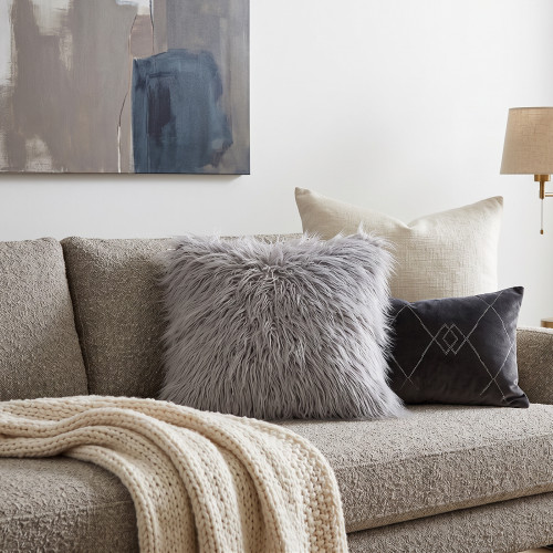 Plush Shaggy Faux Fur Textured Throw Pillow - 18" x 18" - Cloud Gray - IMAGE 1