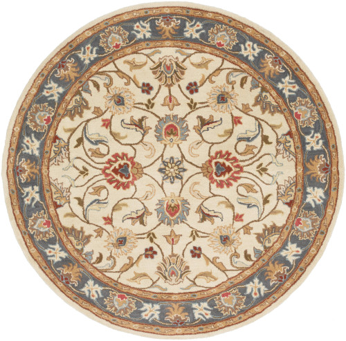 4' Floral Slate Blue and Ivory Hand Tufted Round Wool Area Throw Rug - IMAGE 1