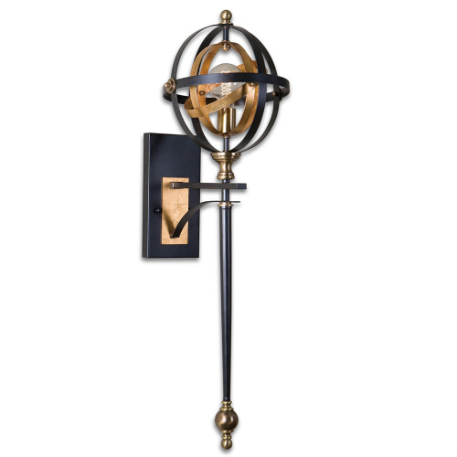 3' Black and Gold Gyroscope-Inspired Single Bulb Wall Sconce Light Fixture - IMAGE 1