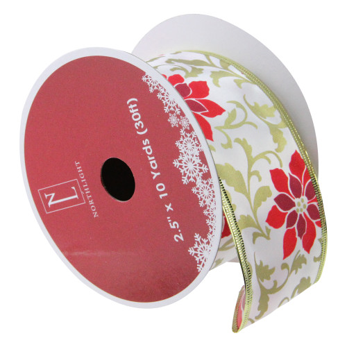 Red and Gold Poinsettia Print Wired Christmas Craft Ribbon 2.5" x 10 Yards - IMAGE 1