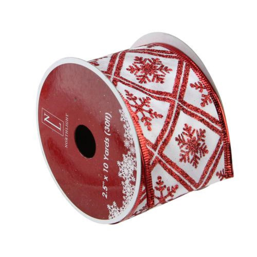 Red and White Snowflake Christmas Wired Craft Ribbon 2.5" x 10 Yards - IMAGE 1