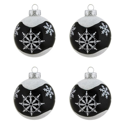 4ct Alpine Chic Shiny Black with White Snowflake Design Glass Ball Christmas Ornaments 2.5" (65mm) - IMAGE 1