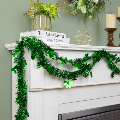 Irish Shamrock Tinsel St. Patrick's Day Garland - 25' x 2" - Green - Unlit - IMAGE 1