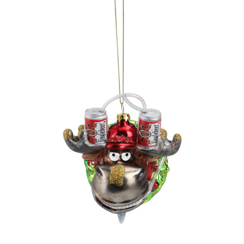 4.5" Gray and Red Moose with Beer Helmet Christmas Ornament - IMAGE 1