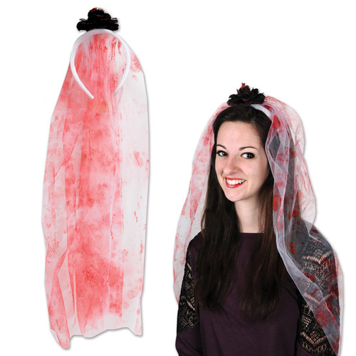 Club Pack of 12 Halloween Bride Bloody Veil Headband 20" - IMAGE 1