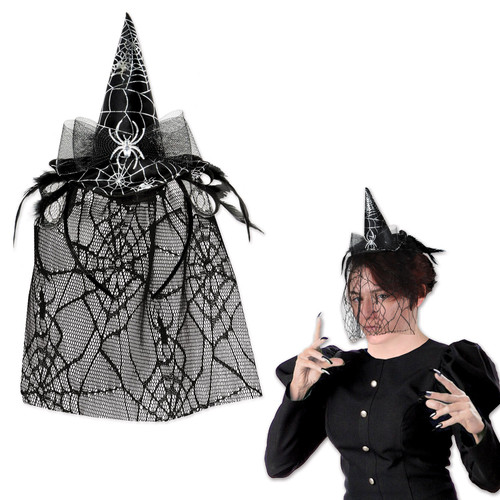 Club Pack of 12 Halloween Spider Witch Hat Headband with Veil 12" - IMAGE 1