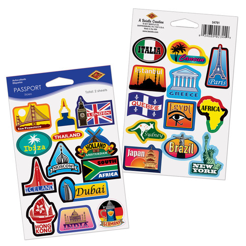 Club Pack of 12 Multi-Color All Around the World Passport Stickers 6" - IMAGE 1