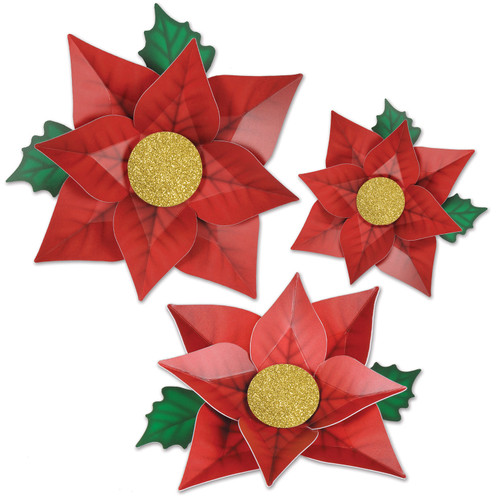 Pack of 36 Printed Red Poinsettia Christmas Cutouts Decorations - 12.5", 14.25", 17" - IMAGE 1