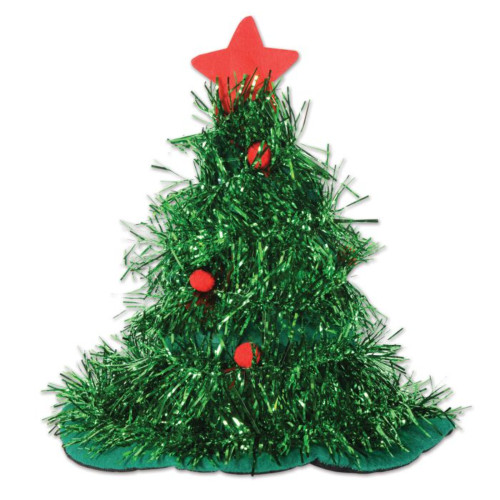Pack of 12 Green Tinsel Christmas Tree Hats Costume Accessories - IMAGE 1