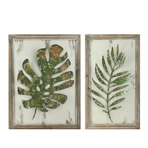 Set of 2 Rustic and Distressed Forest Green Leaf Framed Wall Plaques 19" - IMAGE 1