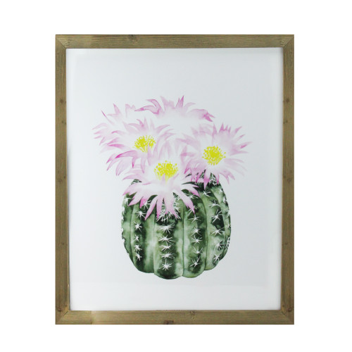 24" Pink and Yellow Cactus Decorative Wooden Framed Print Wall Art - IMAGE 1
