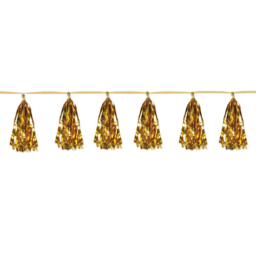 Club Pack of 12 Decorative Holiday Gold Metallic Tassel Garland 8’ - IMAGE 1