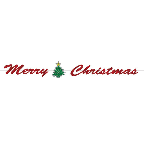 Pack of 12 Red "Merry Christmas" Glittery Foil Streamer Banner with Christmas Tree 6' - IMAGE 1