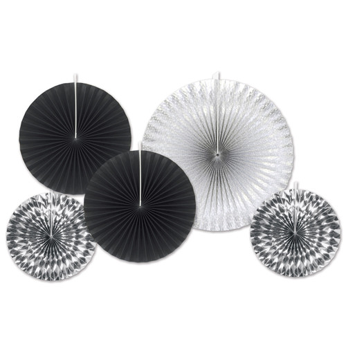 Club Pack of 12 Black and White Paper Foil Fans Hanging Decors 16" - IMAGE 1