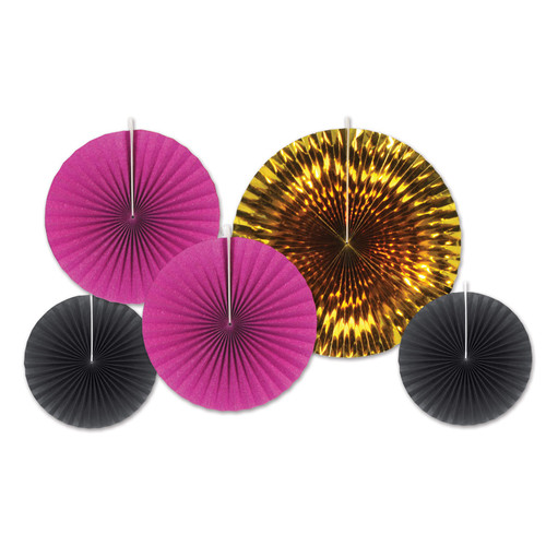 Club Pack of 12 Black and Purple Paper Foil Fans Hanging Decors 16" - IMAGE 1