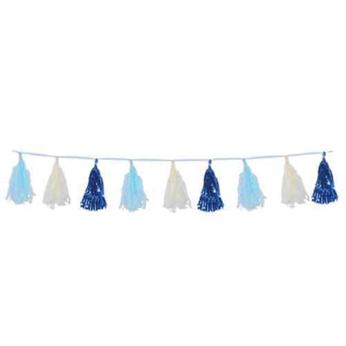 Metallic Tassel Party Garland - 8' - Blue and White - Pack of 12 - IMAGE 1