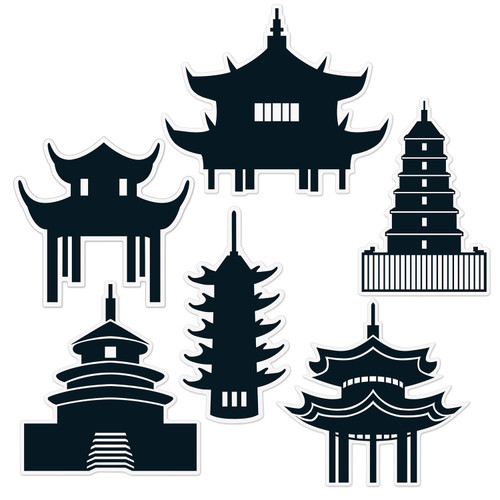 Club Pack of 12 Black Traditional Asian Pagoda Silhouette Wall Cutouts Decors 14.5" - IMAGE 1