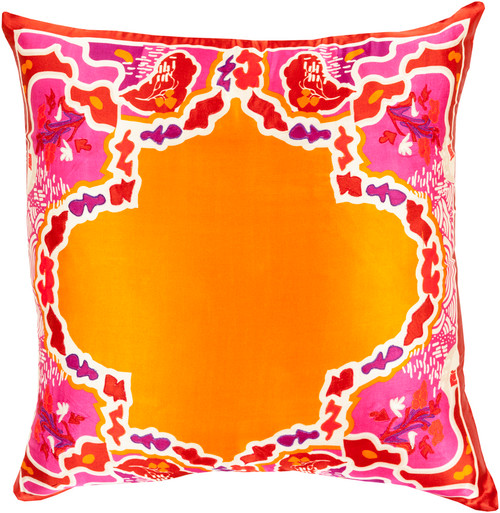 22" Bright Orange and Red Floral Woven Square Throw Pillow - Down Filler - IMAGE 1