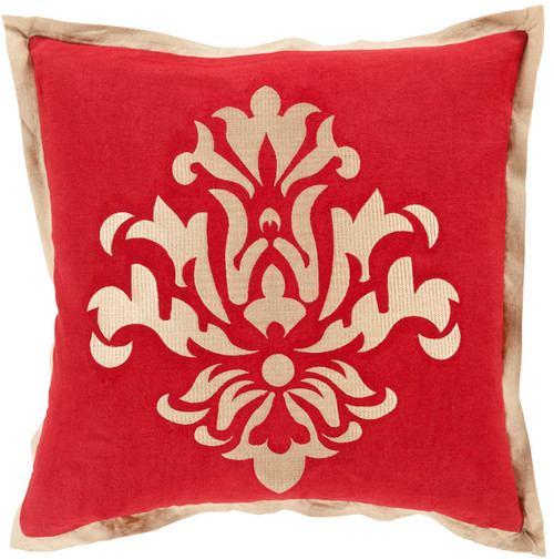 22" Metallic Red and Gold Floral Square Throw Pillow - Down Filler - IMAGE 1