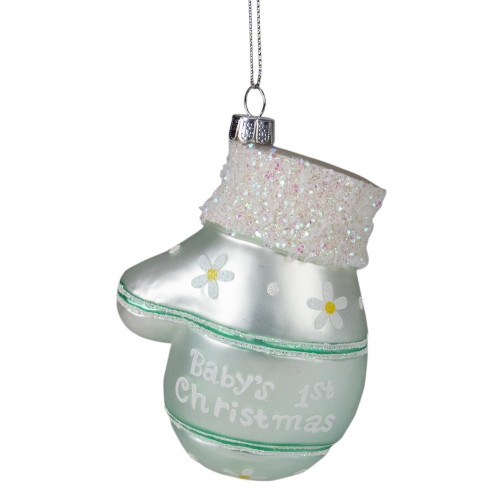 4" Baby's 1st Christmas Mint Green Glass Mitten Holiday Ornament - IMAGE 1