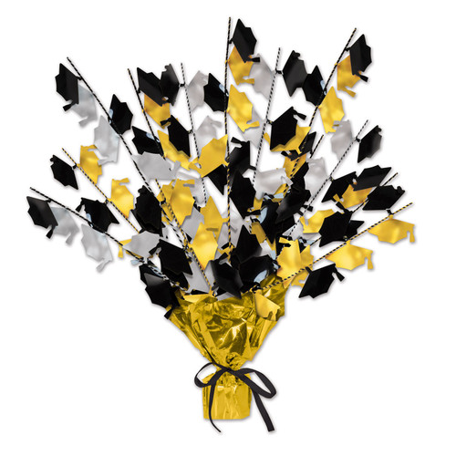 Club Pack of 12 Black and Gold Foil Spray Graduate Cap Gleam 'N Burst Centerpieces 15" - IMAGE 1