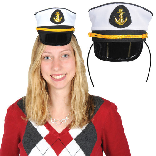 Club Pack of 12 Black and White Yacht Captains Cap Halloween Headband Costume Accessories 22" - IMAGE 1