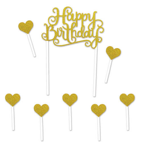 Club Pack of 12 Gold Elegant Glittered Happy Birthday Cake Topper Decors 8.25" - IMAGE 1