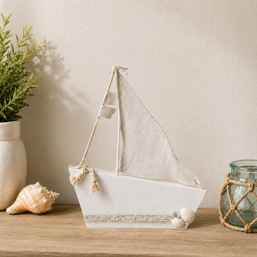 Cape Cod Inspired Ship with Sails Decoration - 11.5” - White and Tan - IMAGE 1