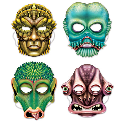 Club Pack of 12 Green and Purple Space Alien Full Halloween Mask Costume Accessory - One Size - IMAGE 1
