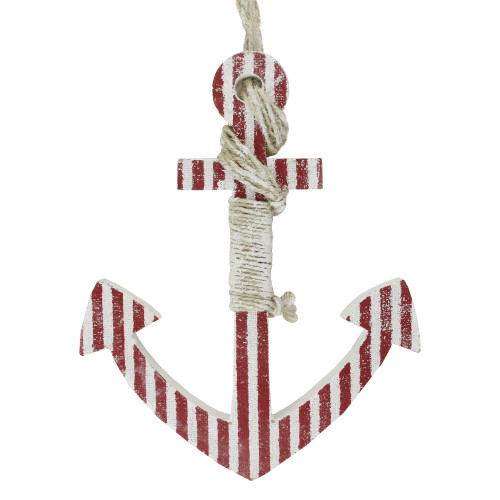 16" Red and White Striped Nautical Hanging Anchor with Rope Wall Art - IMAGE 1