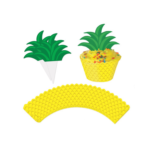 Club Pack of 12 Yellow and Green Pineapple Cupcake Wrapper Topper Decors 8" - IMAGE 1