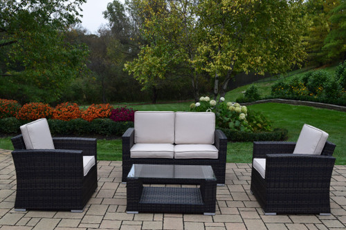 Resin Wicker Outdoor Patio Chat Set - 4-Piece - Black with Gray Cushions - IMAGE 1