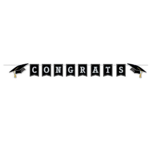 Club Pack of 12 Black and White 'Congrats' Graduation Wall Banners 6'’ - IMAGE 1
