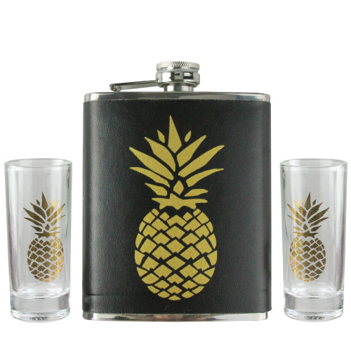 3-Piece Black and Metallic Gold Tropical Pineapple Flask and Shot Glass Set - IMAGE 1