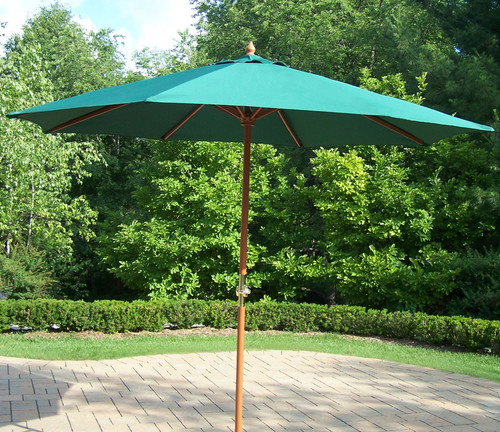9 Green Brown Patio Umbrella With Crank Wooden Pole With Base Christmas Central