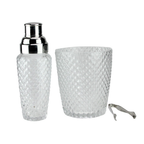 Set of 3 Diamond Cut Handcrafted Clear Cocktail Shaker with Bucket and Tong 9.5" - IMAGE 1