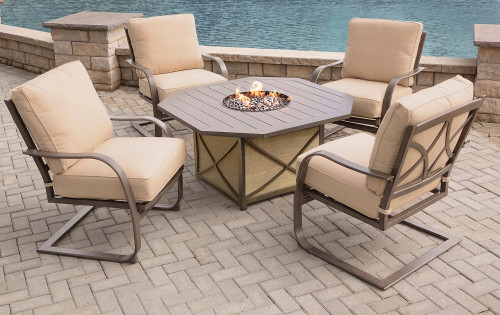 5-Piece Smoke Gray Contemporary Fire Pit Table Set - Beige Spring Chairs - IMAGE 1