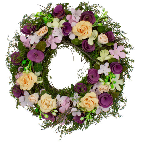14" Purple and Green Floral, Berries and Twig Artificial Spring Floral Wreath - IMAGE 1