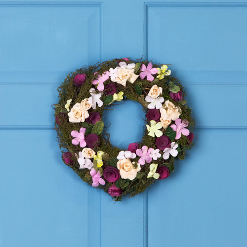 Wood Shaved Roses and Flowers Mossy Twig Artificial Spring Wreath - 14" - IMAGE 1