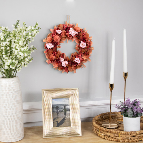 Silk Roses and Shaved Wood Flowers Small Artificial Spring Wreath - 12" - Unlit - Pink - IMAGE 1
