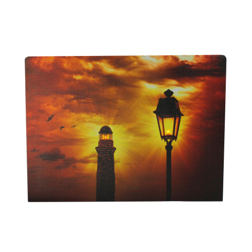 LED Lighted Lighthouse and Lantern Lamp Post with Amber Sky Canvas Wall Art 15.75" x 11.75" - IMAGE 1