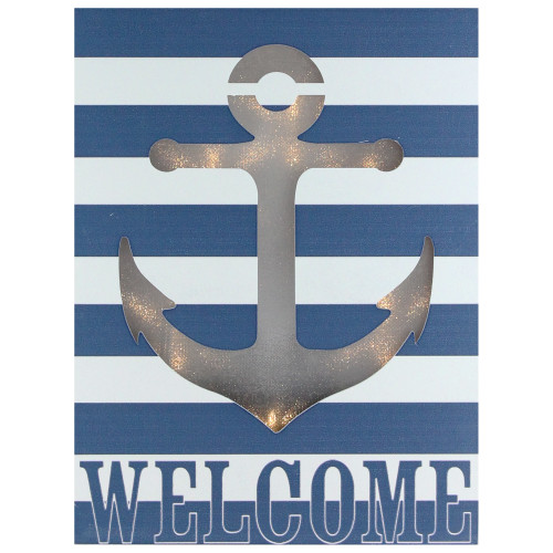 LED Lighted Blue and White Striped “Welcome” Anchor Cut Out Wall Art 9.75" - IMAGE 1